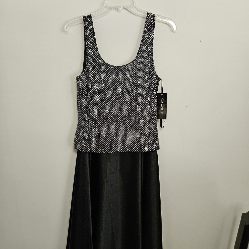 NWT CACHET 2 Pc Silver & Black Sz 10 Evening Gown Beaded Sequin Top & Jacket - Picture 2 of 12